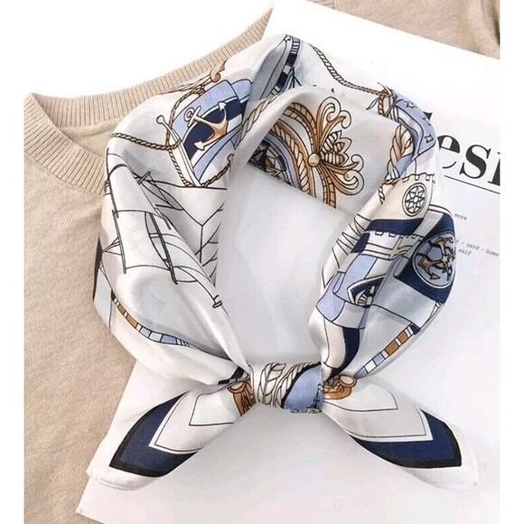Roizsx Fashion Head Scarf Square Satin for Hair Beach Print Old Ship Navy/White - Picture 9 of 12